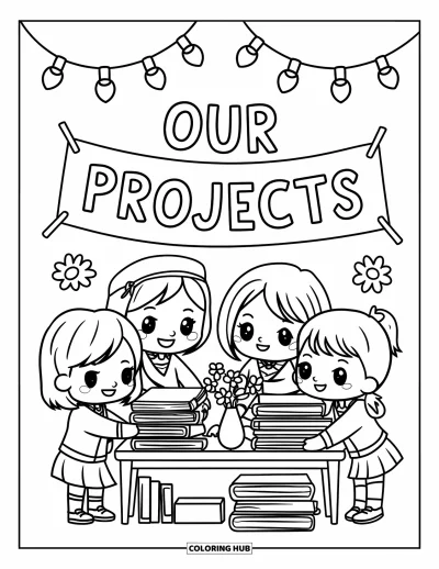 Tegning af klasseværelse til voksne: Fire chibi-elever pynter et klassens udstillingsbord med bøger og blomster