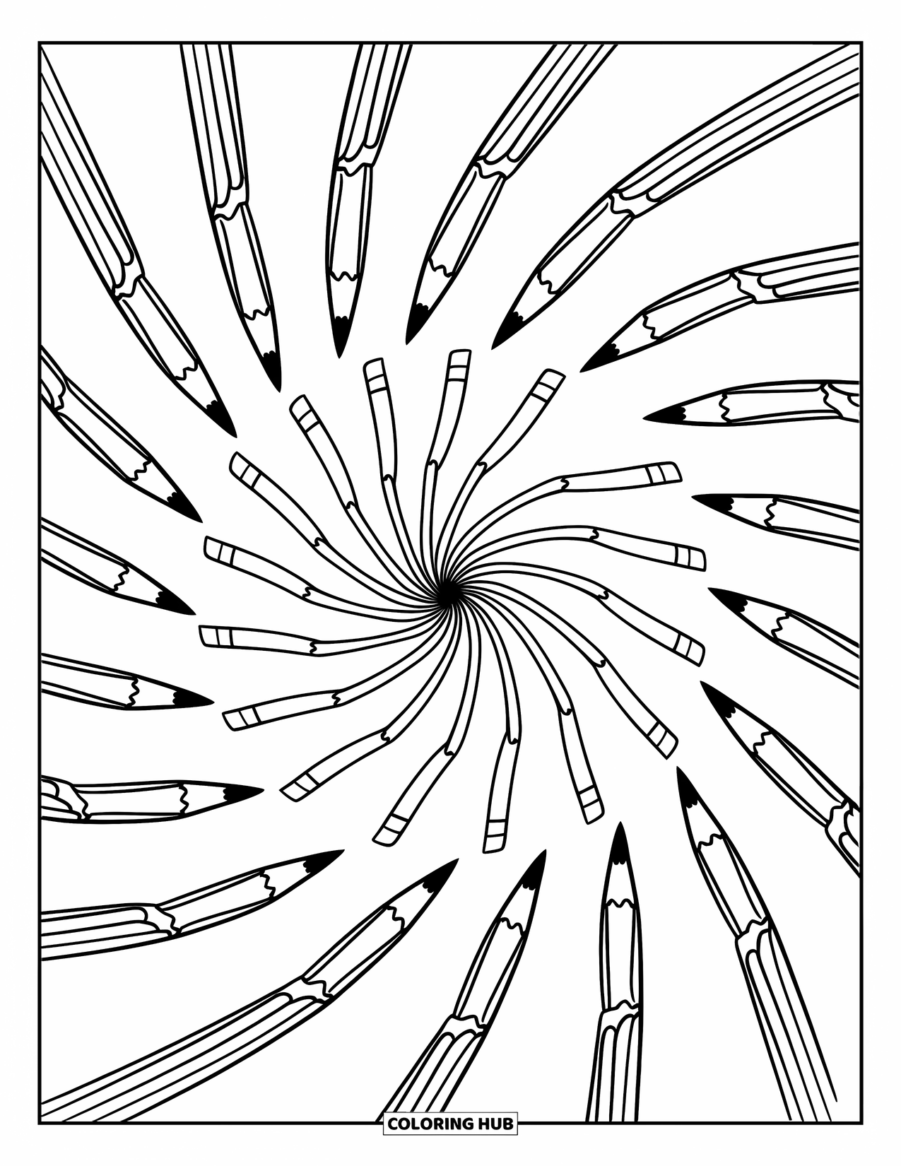 Classroom Coloring Page for Adults: Sharpened pencils form a detailed spiral pattern resembling a mandala