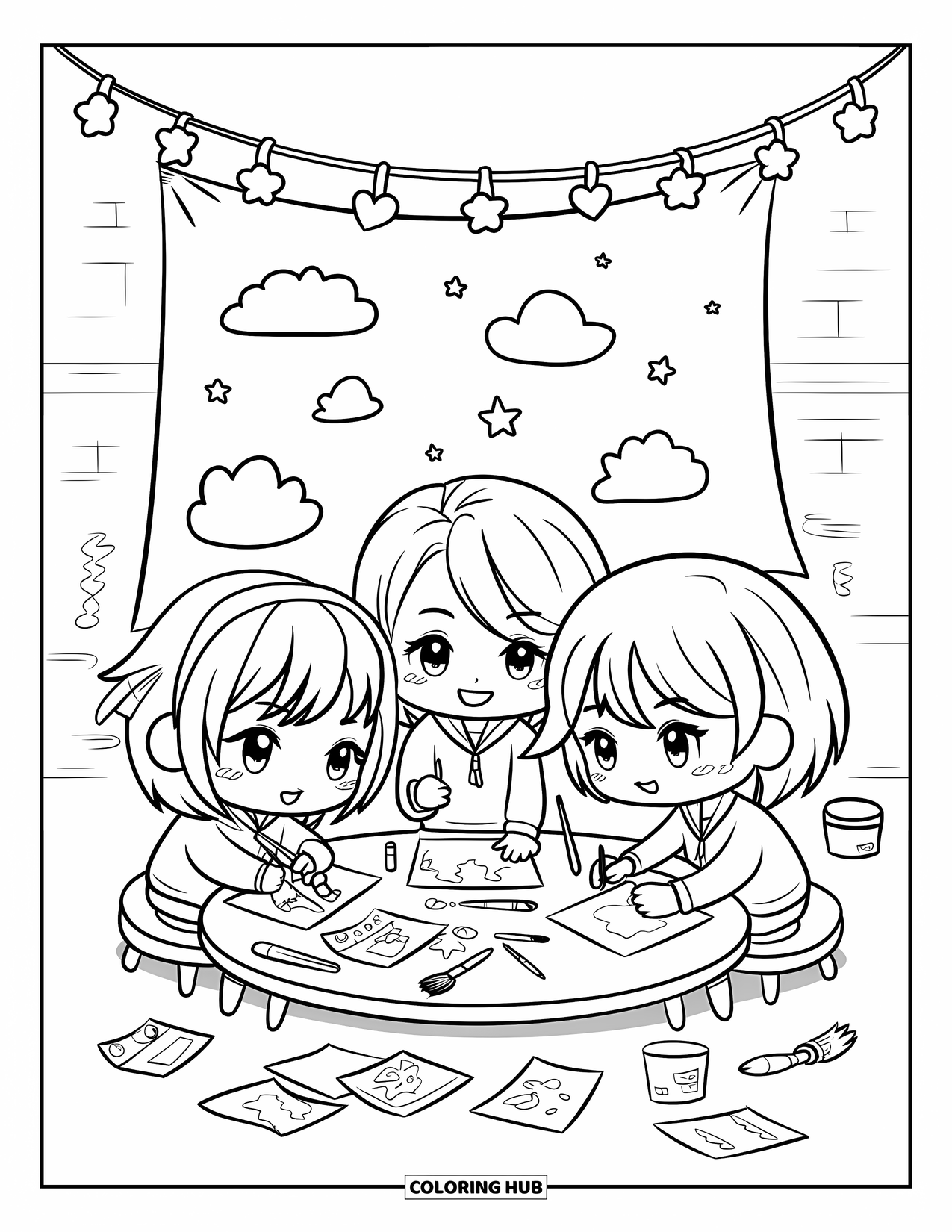 Classroom Coloring Page for Adults: Three chibi students create art with papers and brushes