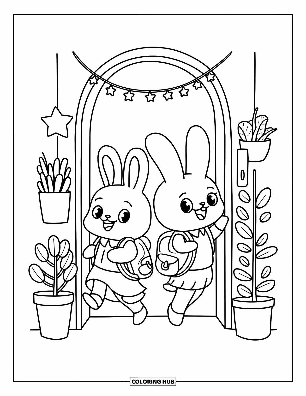 Classroom Coloring Page for Adults: Two animal friends step into a classroom with garlands and plants