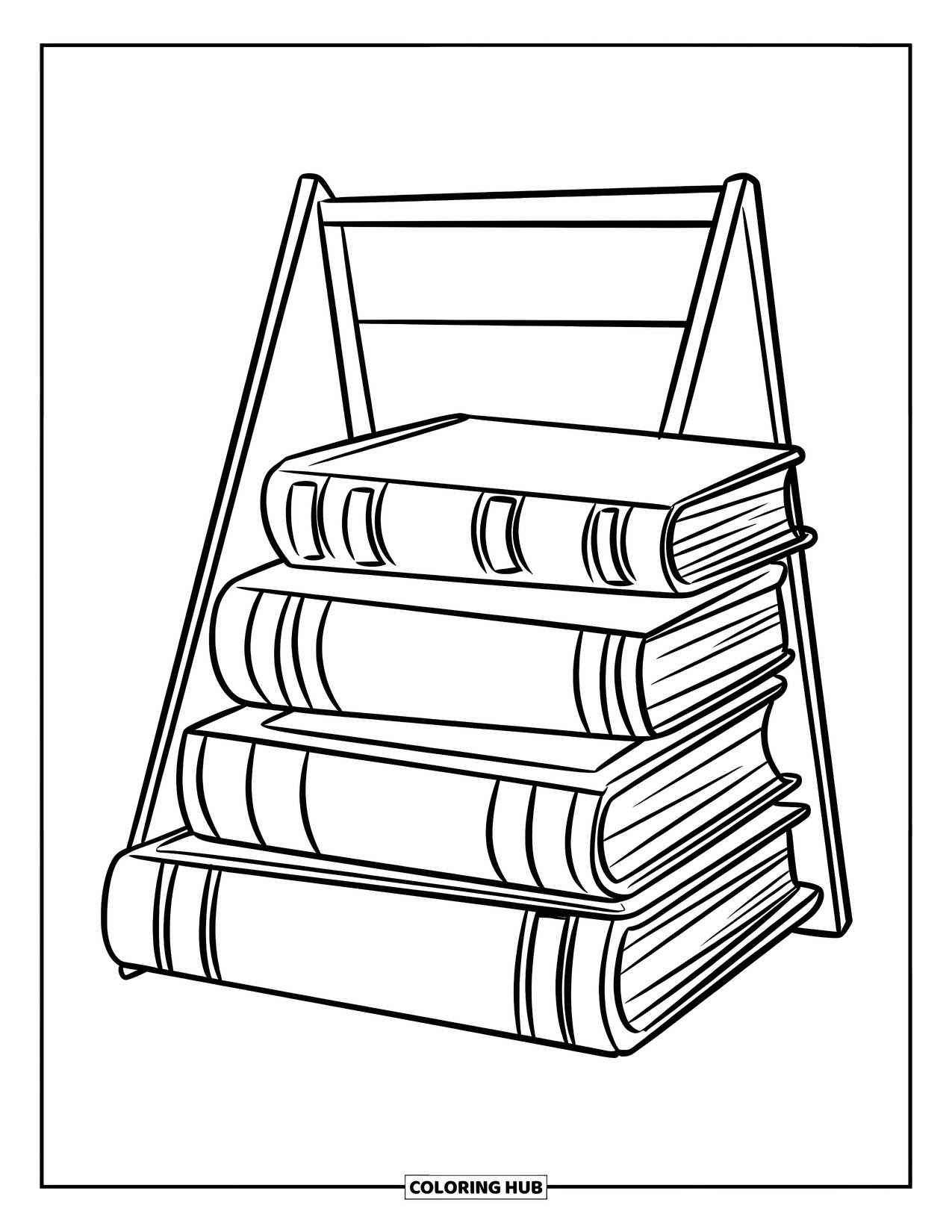 Classroom Coloring Page for Kids: A basic bookshelf holding three books with rounded spines and clean lines
