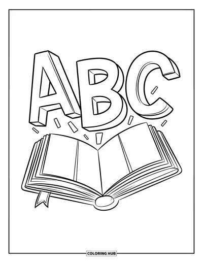 Tegning af klasseværelse til børn: En bog med titlen "ABC" med store alfabetbogstaver svævende over den
