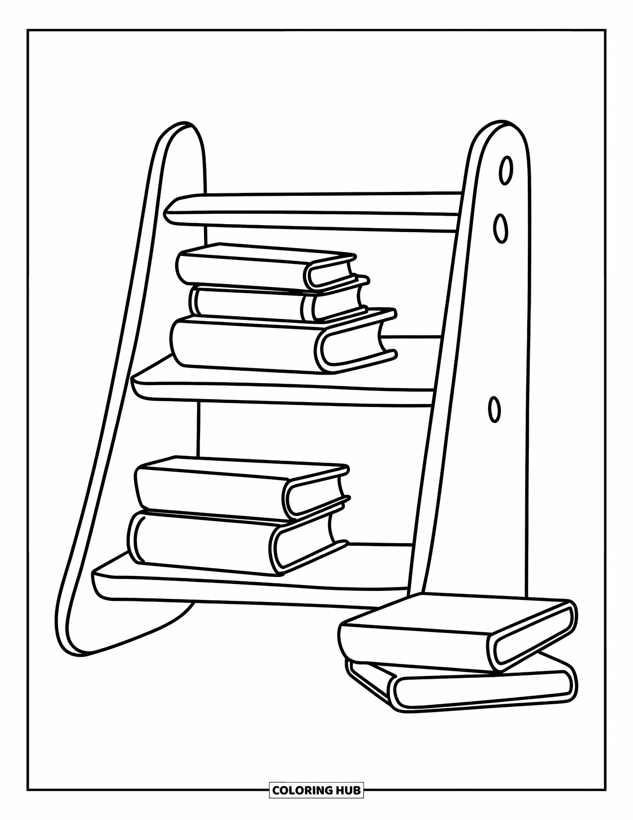 Classroom Coloring Page for Kids: A bookshelf with books slightly tilted and a few lying on the floor