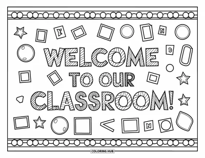 Tegning af klasseværelse til børn: Et muntert opslagstavle med former og et "Welcome to our Classroom"-banner