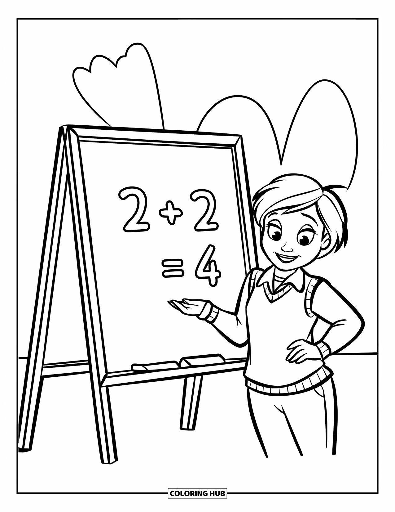 Classroom Coloring Page for Kids: A cheerful teacher stands beside a chalkboard