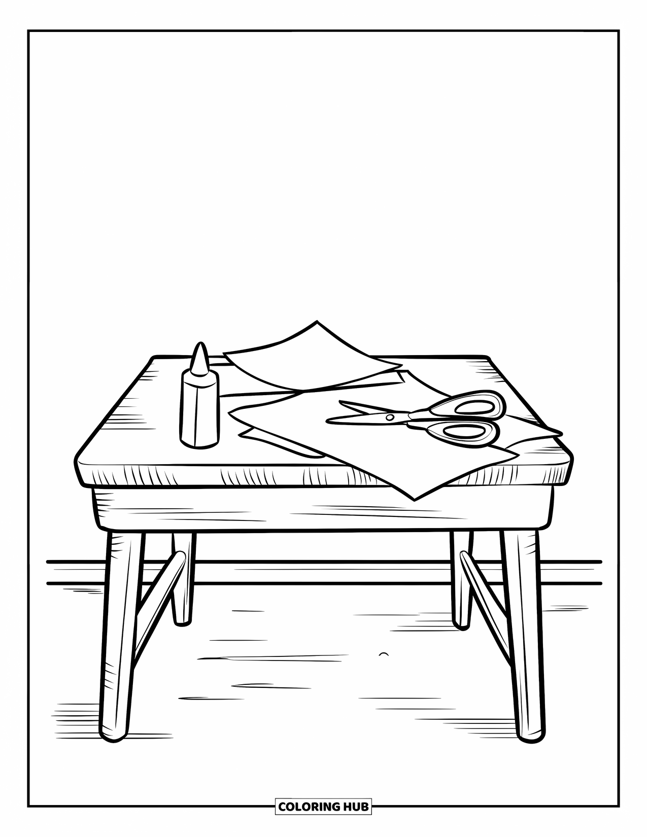 Classroom Coloring Page for Kids: A classroom art table with paper, scissors, and glue neatly arranged