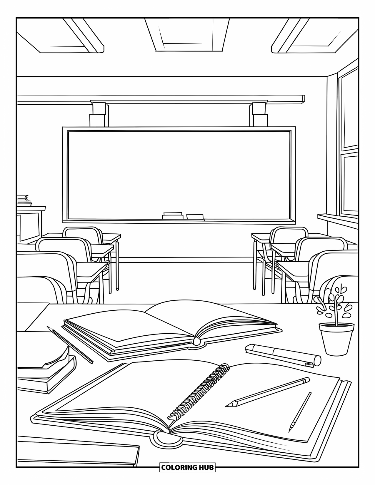Classroom Coloring Page for Kids: A classroom desk with books, pencils, and a small plant by a window