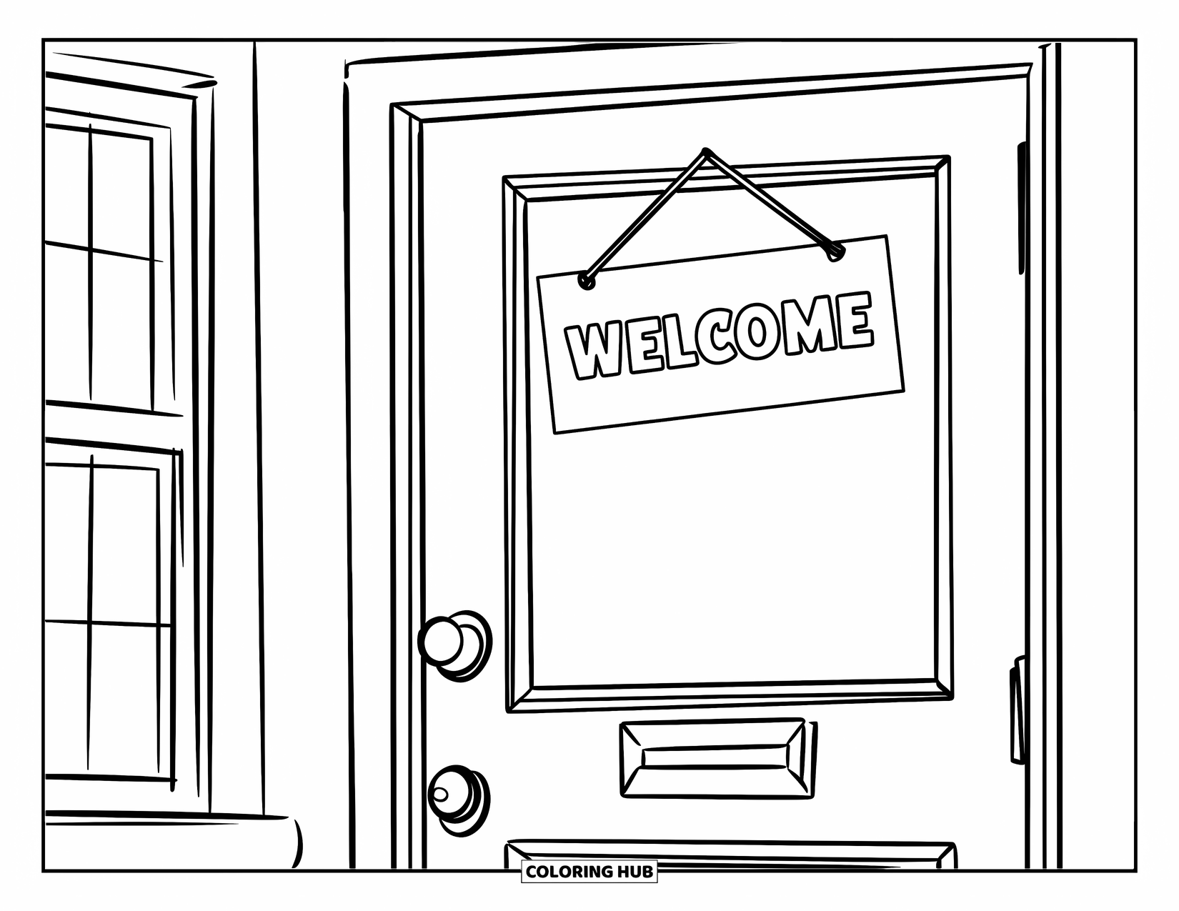 Classroom Coloring Page for Kids: A classroom door with a welcoming sign and a small nearby window