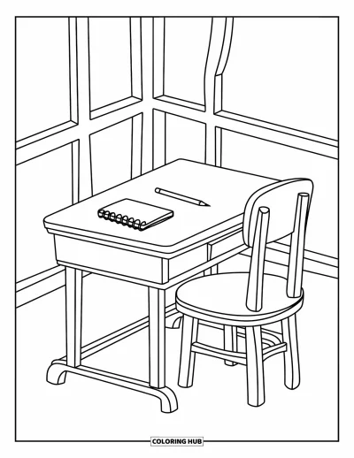 Tegning af klasseværelse til børn: Et hyggeligt rum med skrivebord, stol, blyant og notesbog ved et vindue