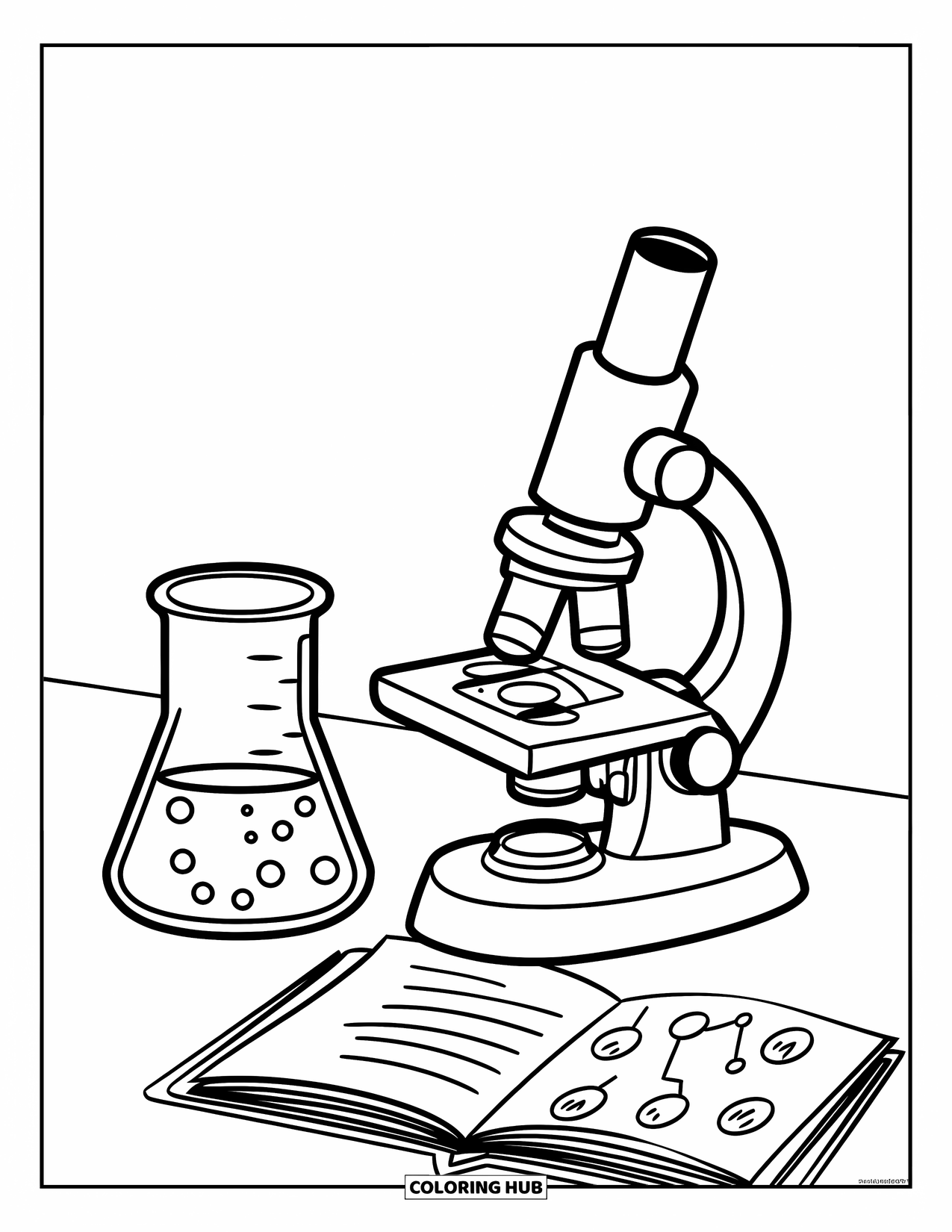 Classroom Coloring Page for Kids: A cozy science corner with a microscope, beaker, and open notebook
