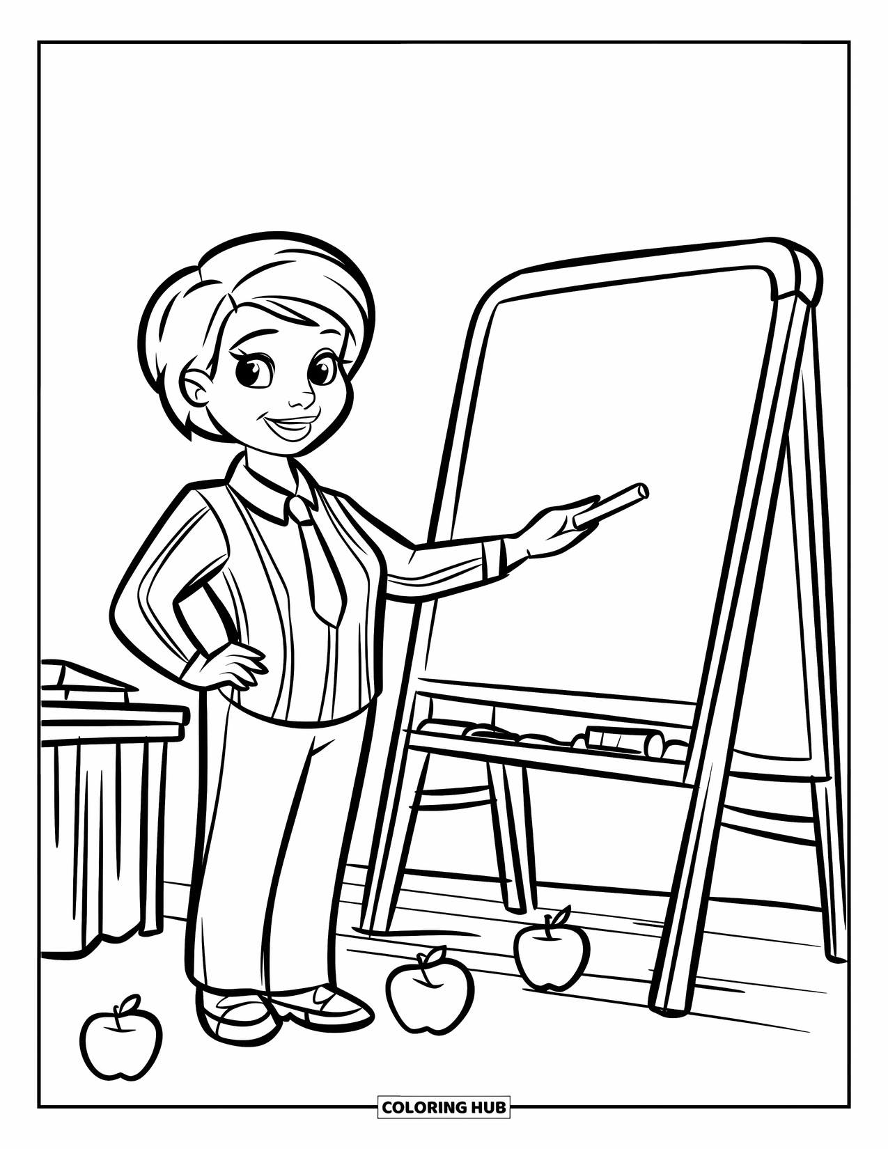 Classroom Coloring Page for Kids: A friendly teacher stands by a chalkboard filled with math equations