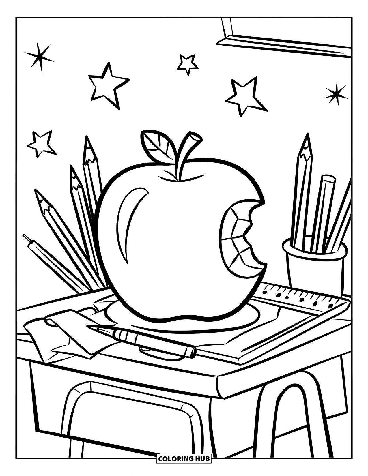 Classroom Coloring Page for Kids: A small desk with a bitten apple surrounded by pens and pencils