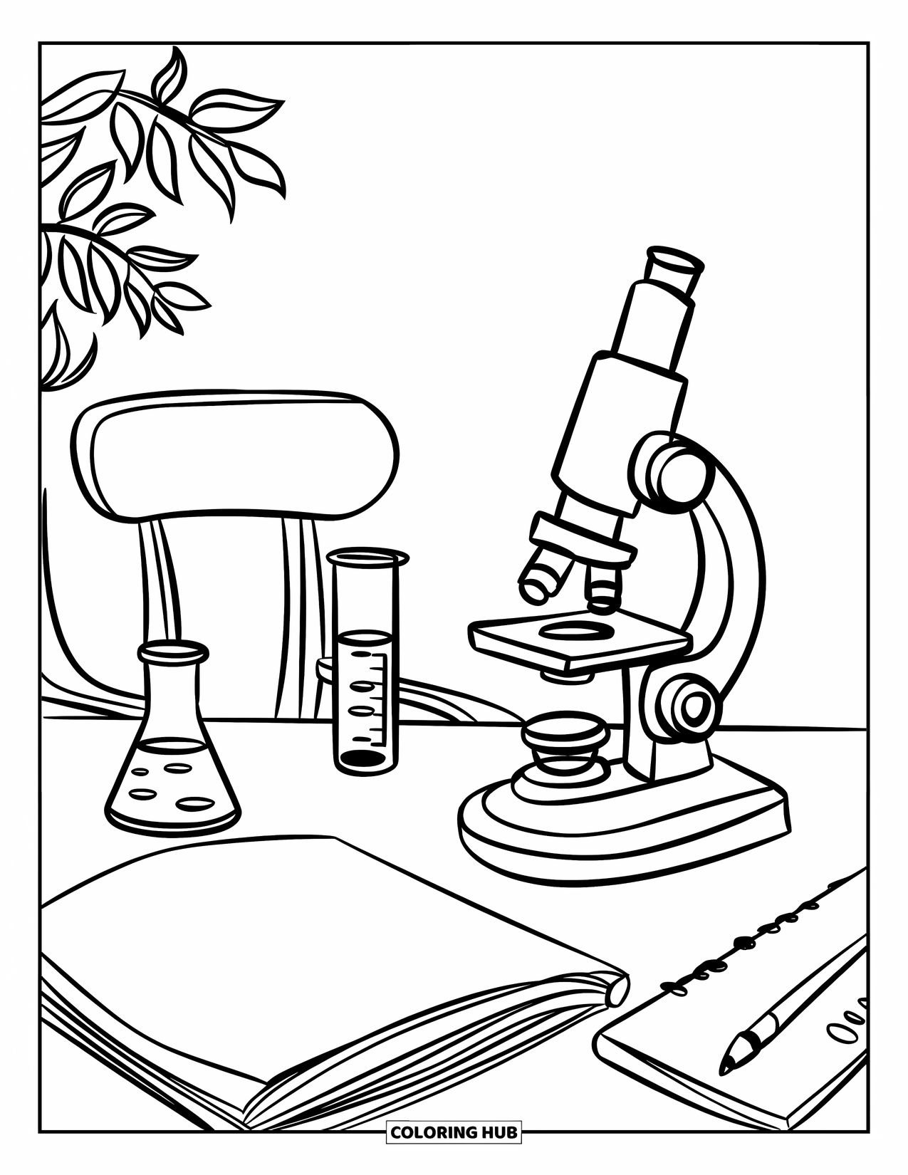 Classroom Coloring Page for Kids: A small science corner with a microscope, beaker, and notebook on a desk