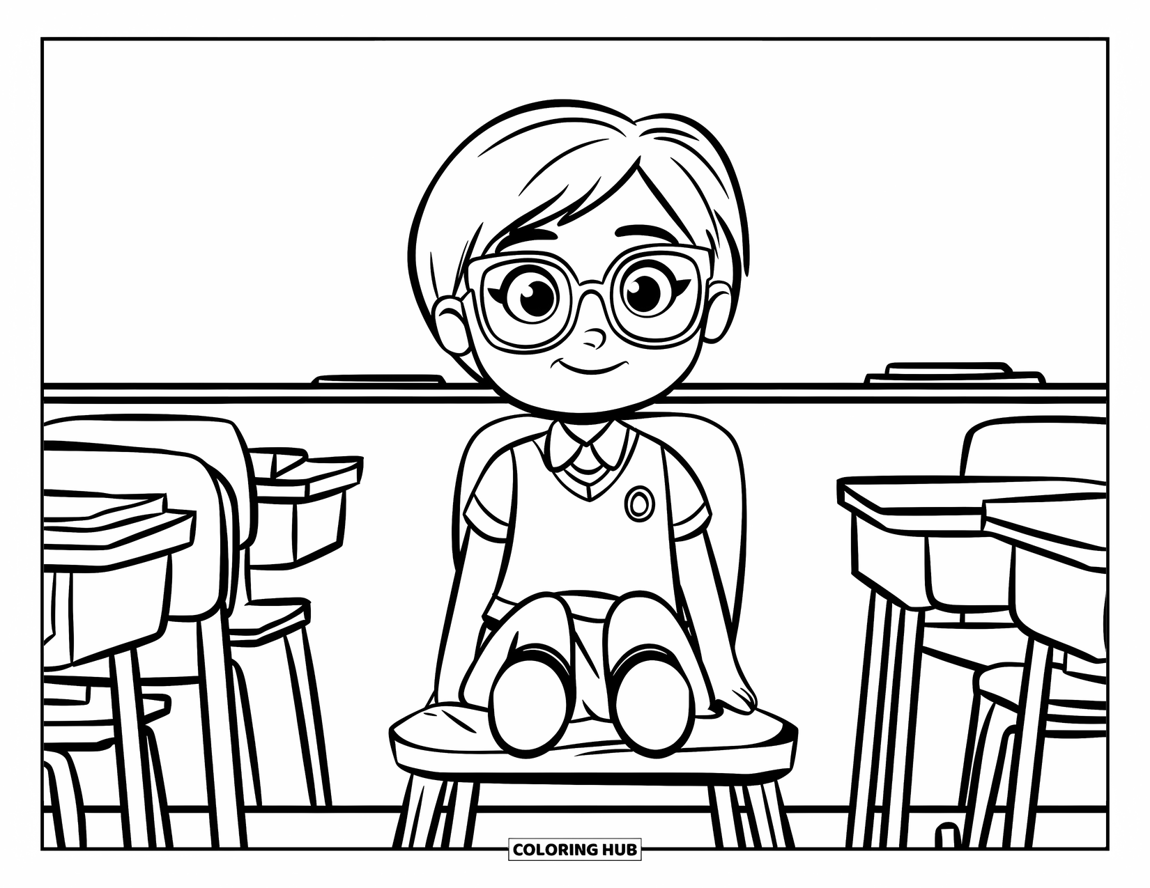 Classroom Coloring Page for Kids: A student wearing glasses sits quietly on a chair in a classroom