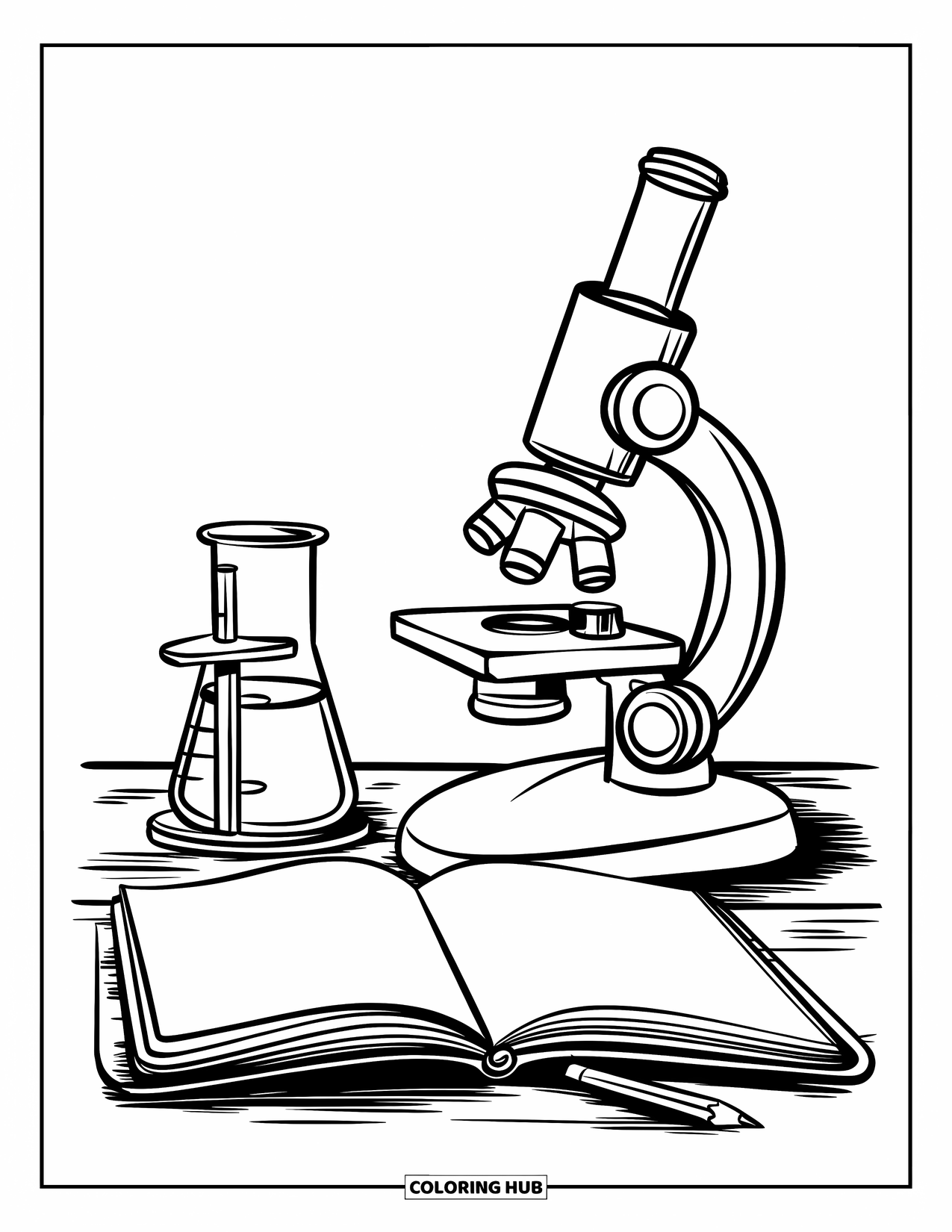 Classroom Coloring Page for Kids: A study area with a microscope, beaker, notebook, and pencil on a table