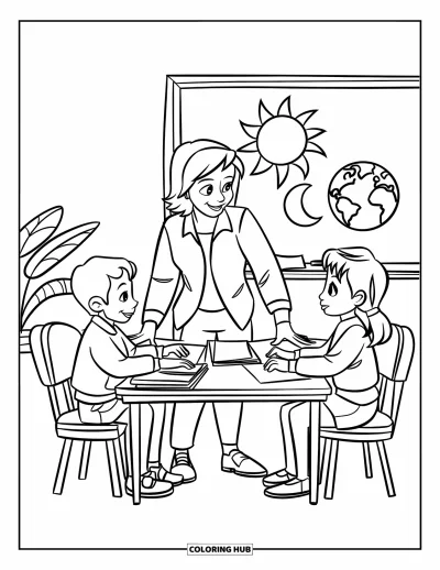 Tegning af klasseværelse til børn: En lærer guider to elever under et projekt om solen, jorden og månen