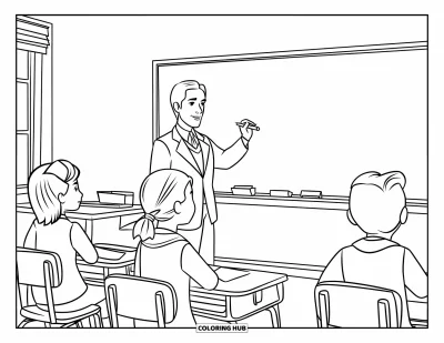 Tegning af klasseværelse til børn: En lærer skriver på tavlen mens elever sidder ved deres borde