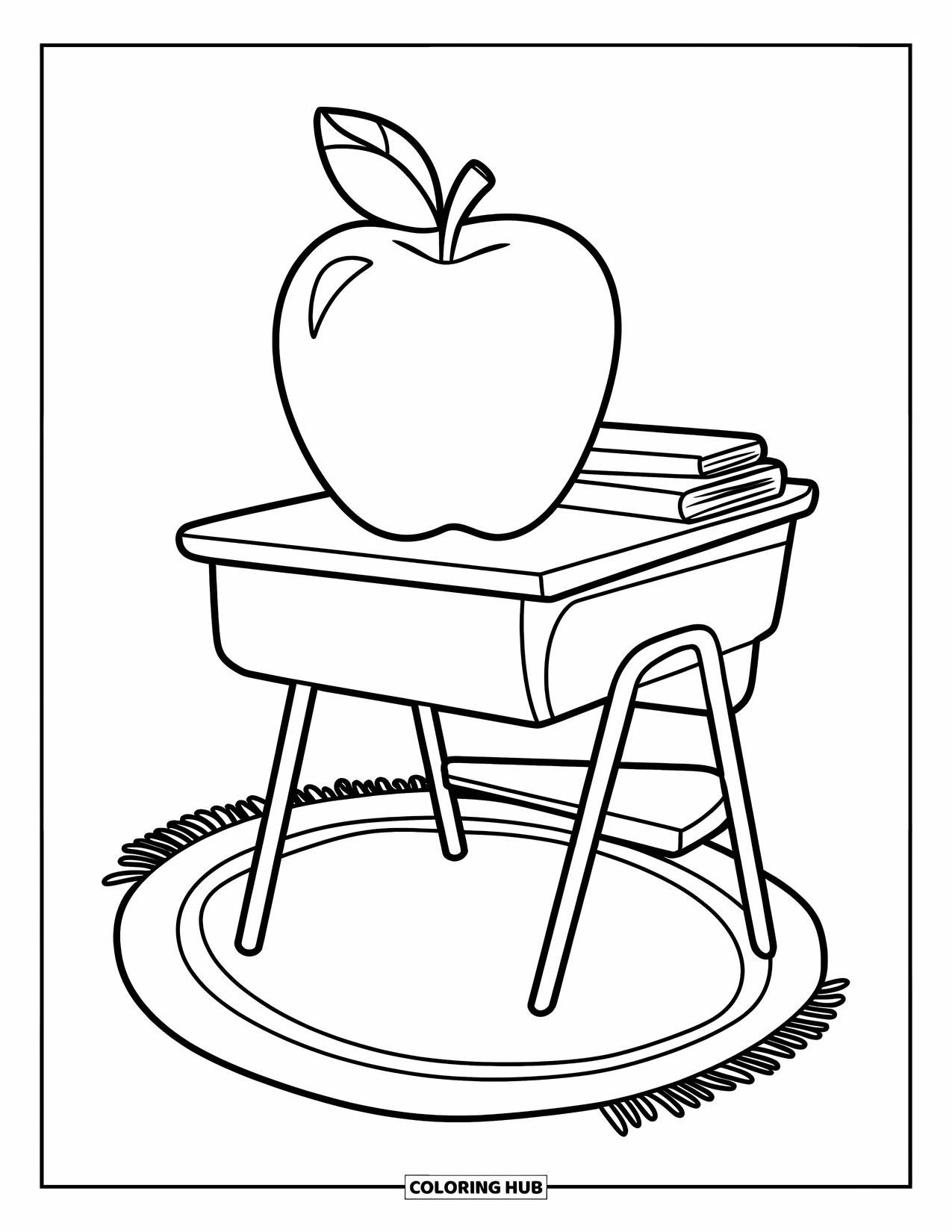 Classroom Coloring Page for Kids: A teacherís desk with an apple and a few books placed neatly on top