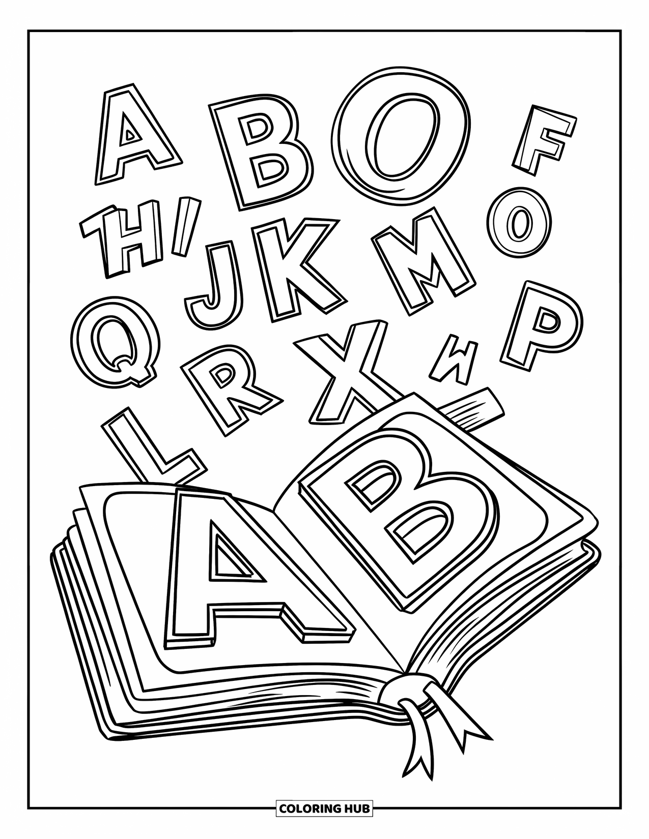 Classroom Coloring Page for Kids: An open book with bold letters A and B floating above in a fun design