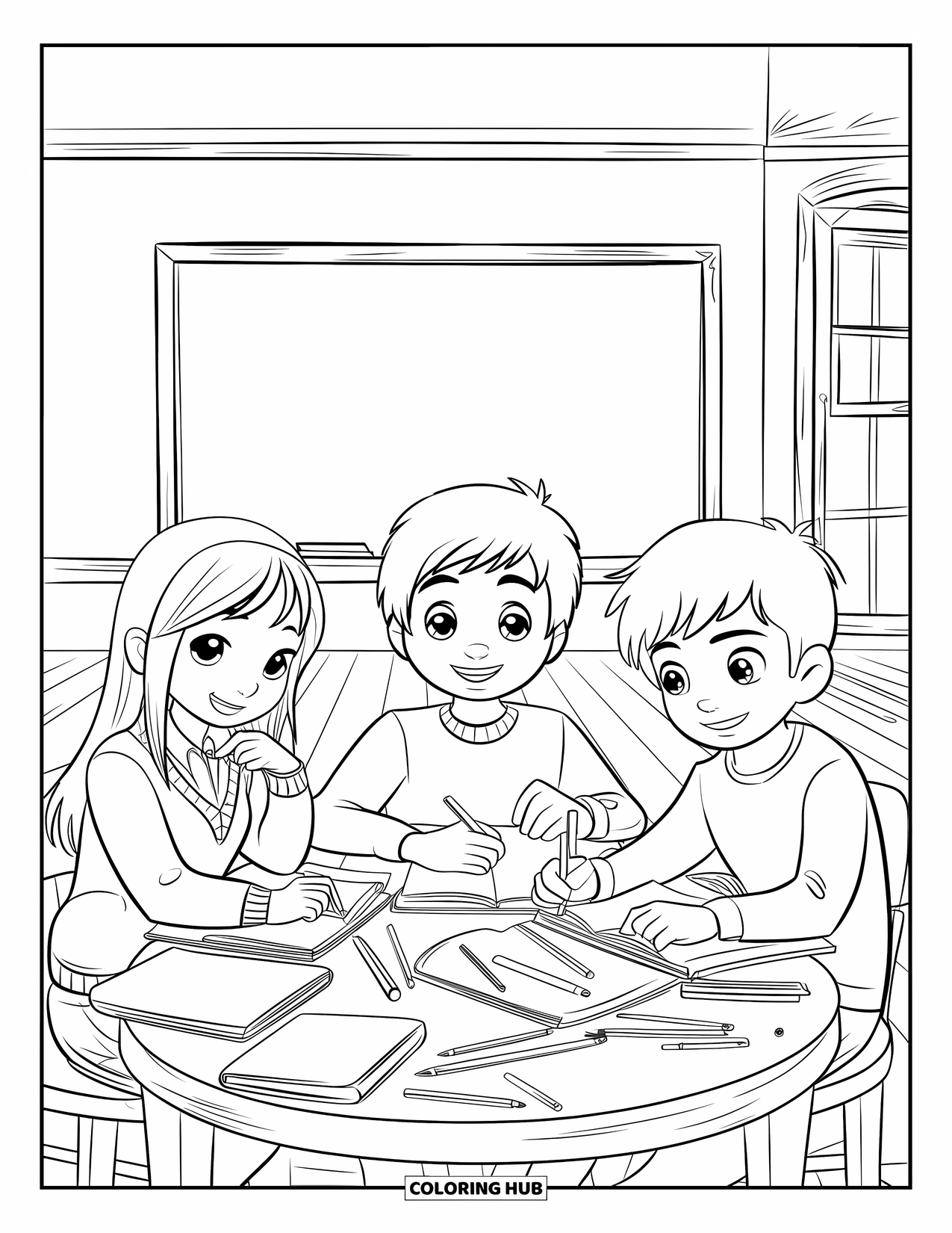 Classroom Coloring Page for Kids: Students work side by side at a table with books, pencils, and papers