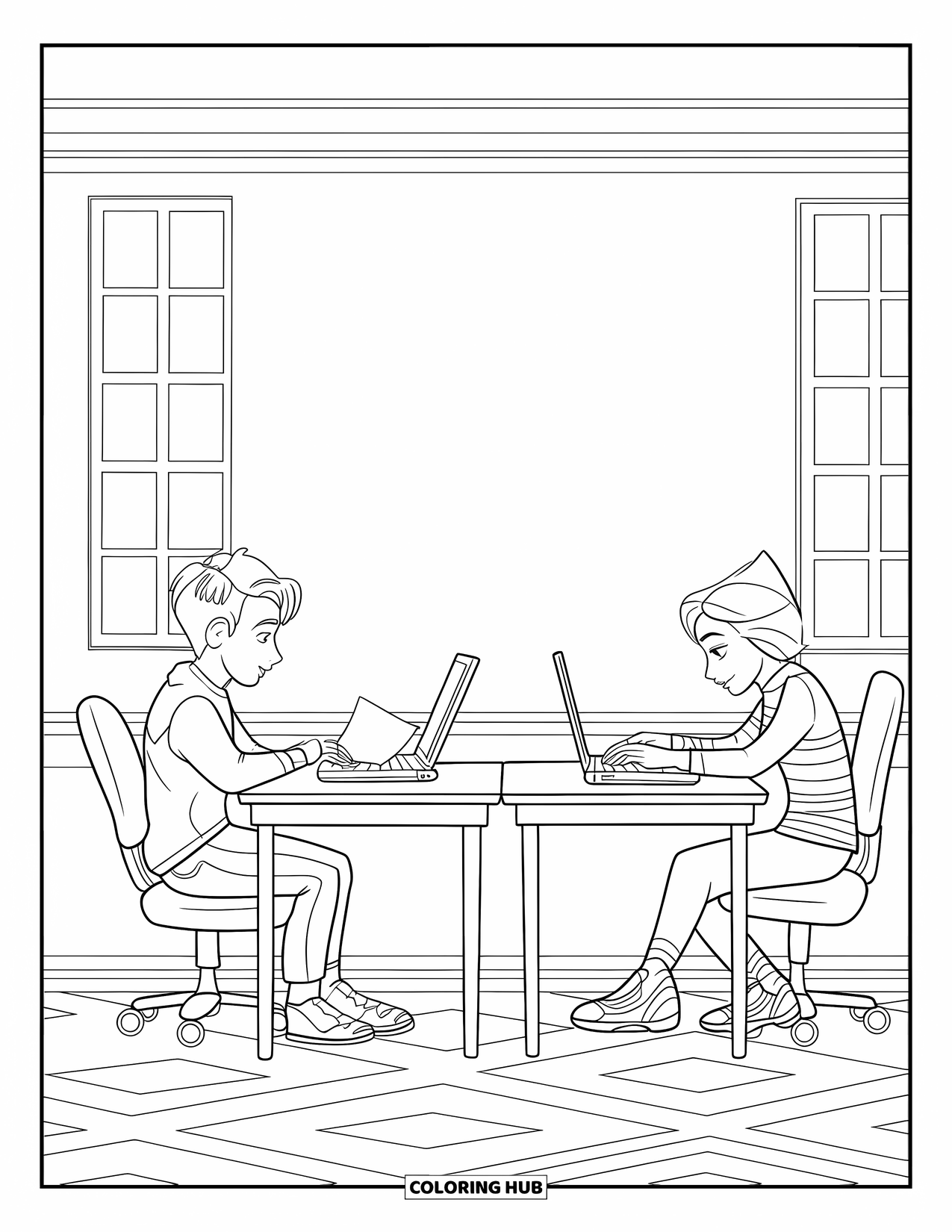 Classroom Coloring Page for Kids: Two teens share ideas while working side by side at their desks