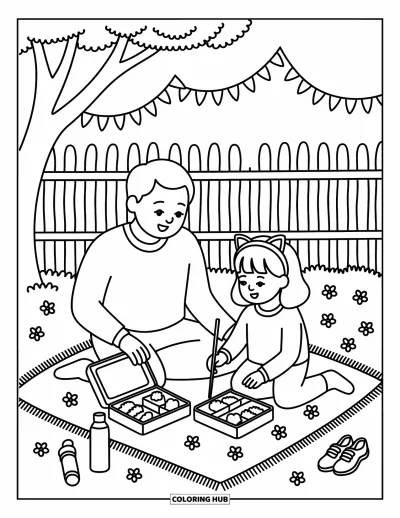 Tegning af far til voksne: En glad far og datter spiser frokost under et blomstrende træ