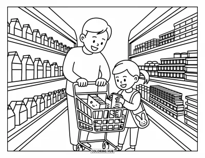 Tegning af far til voksne: En glad far og datter vælger morgenmadsgryn i en hyggelig dagligvarebutik