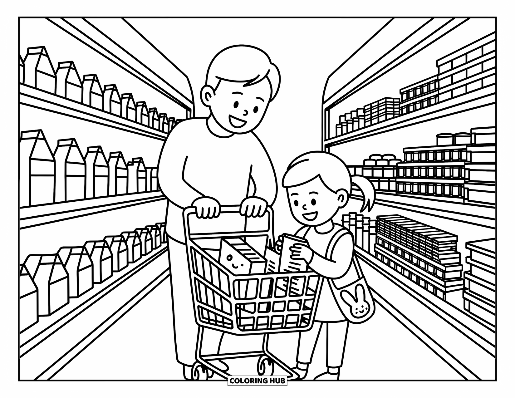Dad Coloring Page for Adults: A cheerful father and daughter pick cereal in a cozy grocery scene