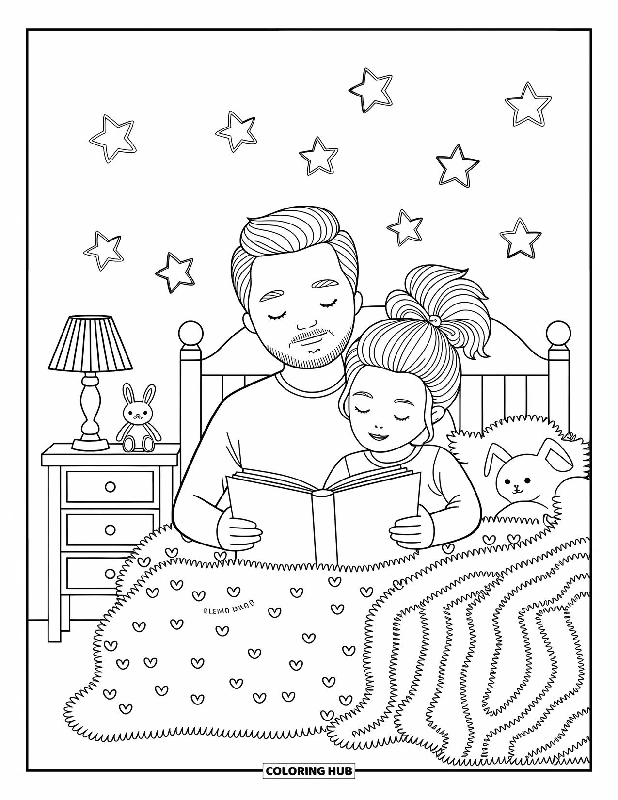 Dad Coloring Page for Adults: A cheerful father and daughter read together in their warm, cozy room
