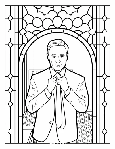 Tegning af far til voksne: En far justerer sit slips foran et spejl med elegante mønstre