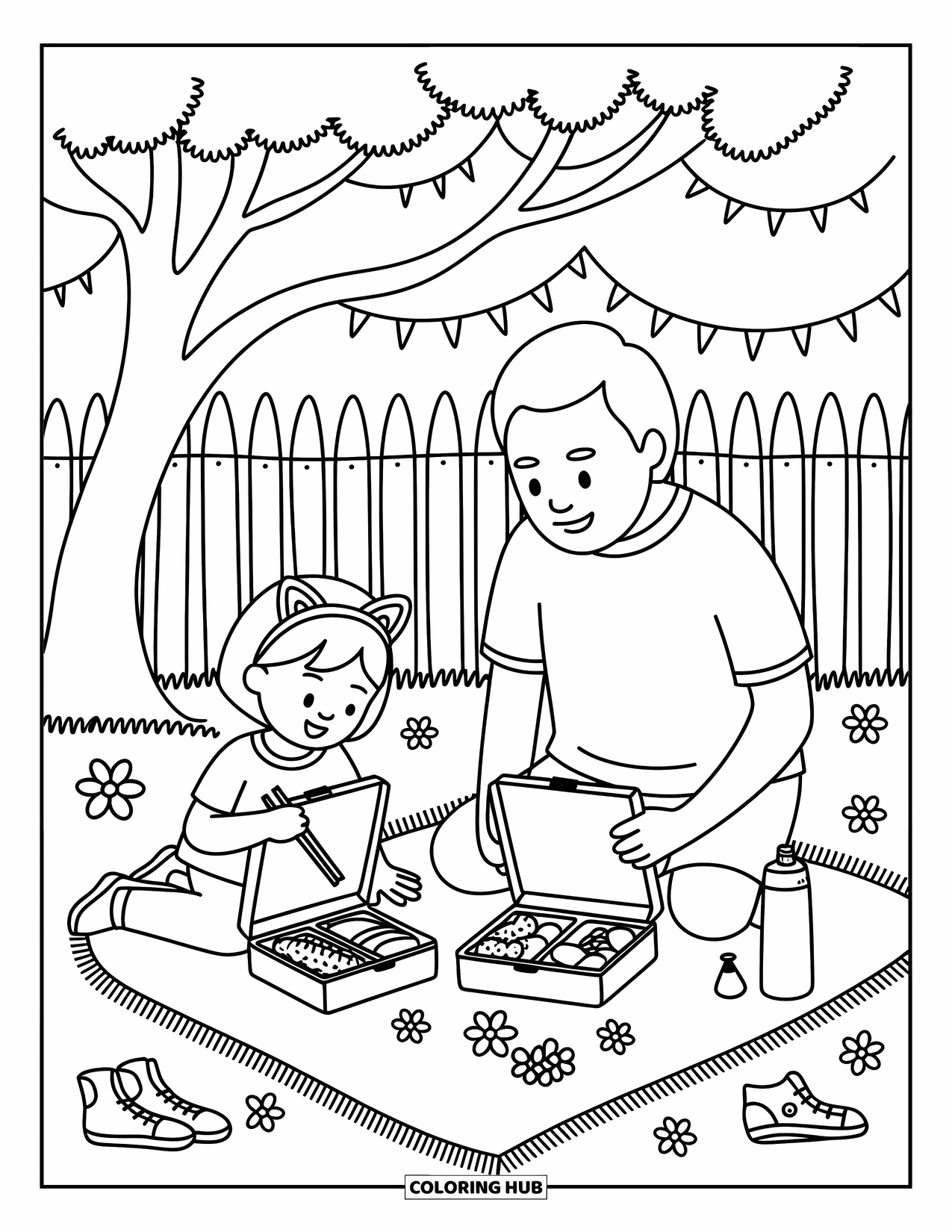 Dad Coloring Page for Adults: A dad and daughter enjoy a picnic under a softly curved tree
