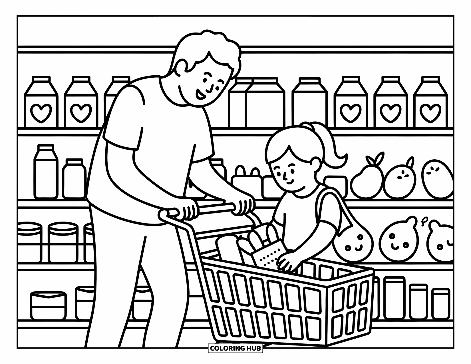 Dad Coloring Page for Adults: A dad and daughter shop together in a cute supermarket aisle
