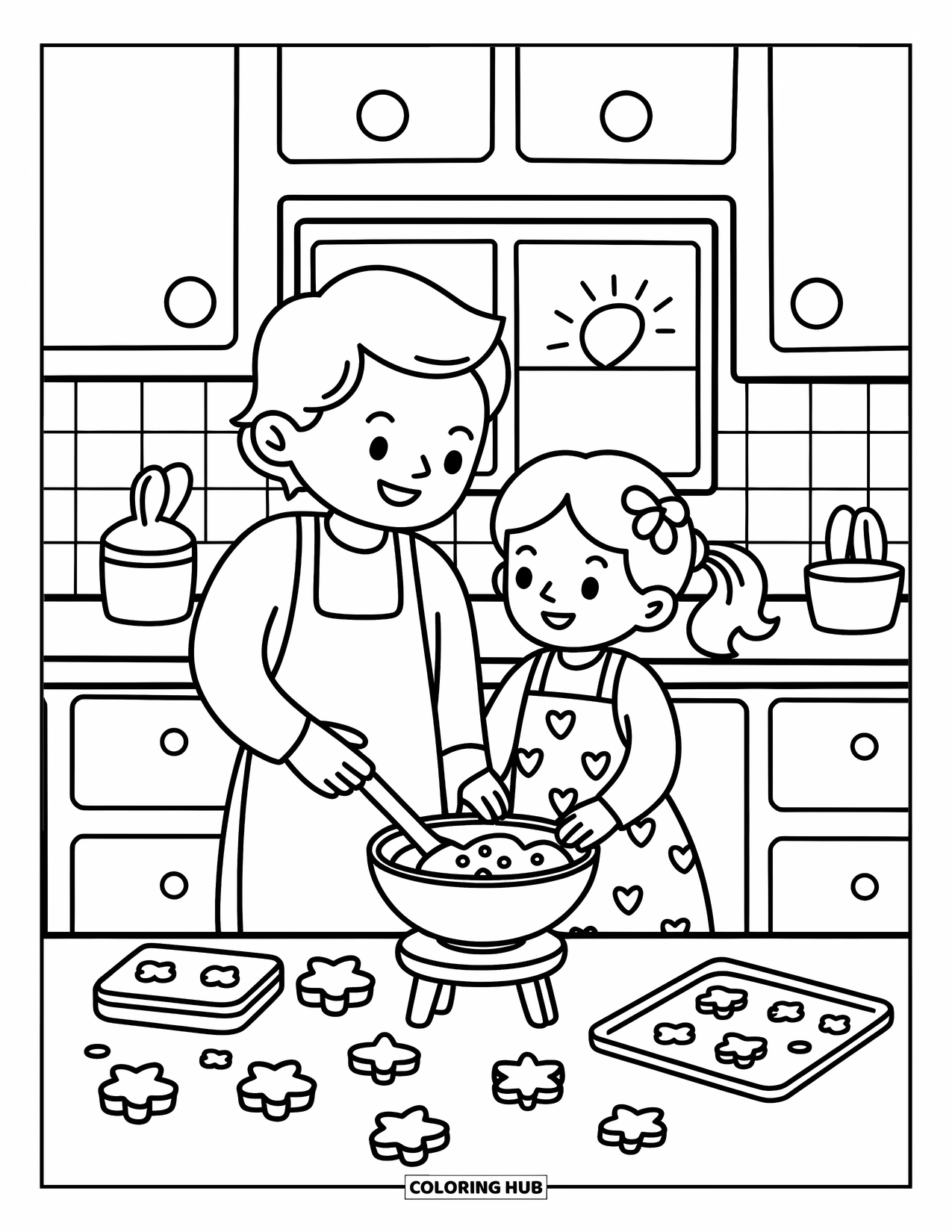 Dad Coloring Page for Adults: A dad and his daughter happily bake cookies side by side