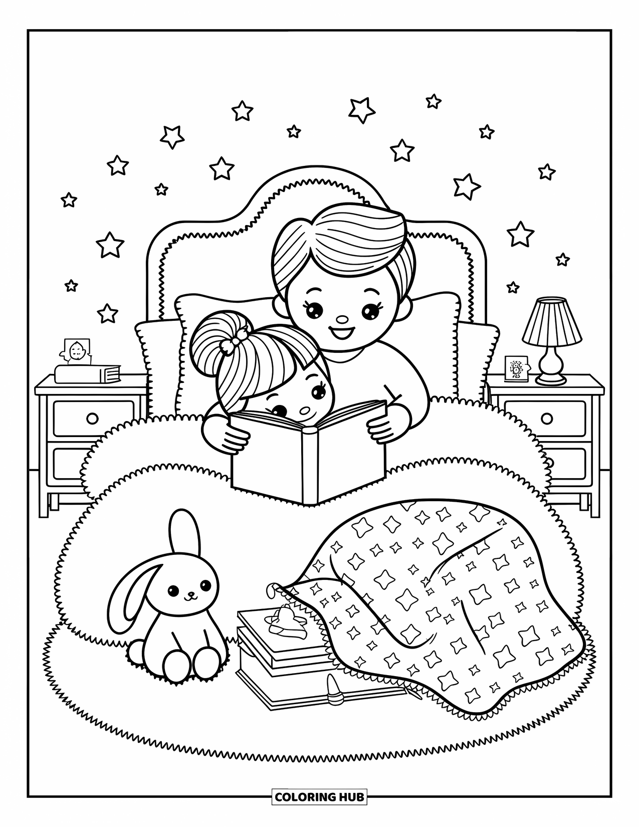 Dad Coloring Page for Adults: A dad and little girl share a cozy bedtime story surrounded by toys
