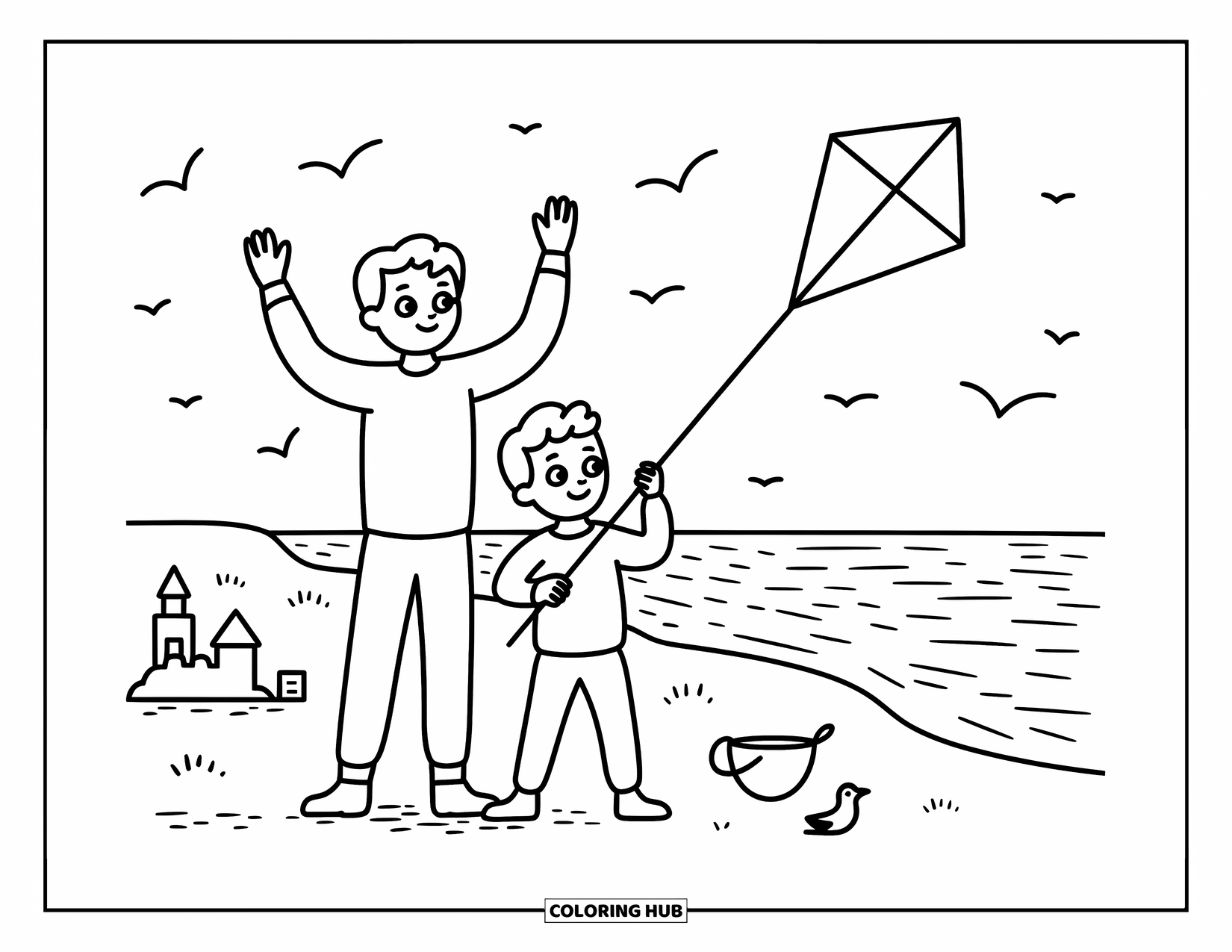 Dad Coloring Page for Adults: A dad and son fly a kite together on a breezy beach