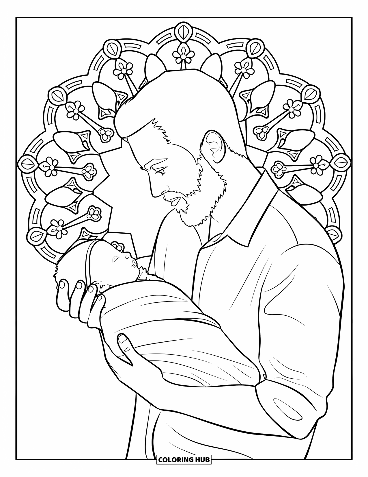 Dad Coloring Page for Adults: A dad cradles his newborn baby surrounded by floral mandala vines