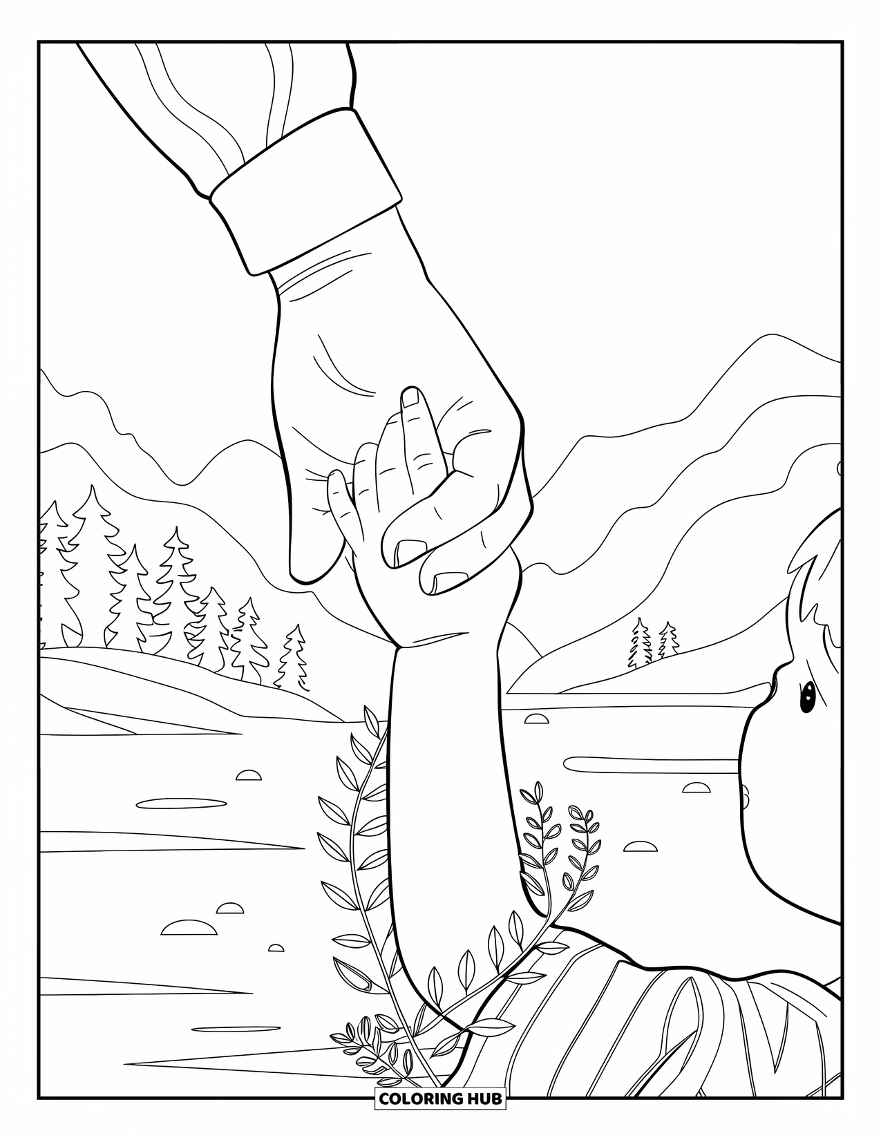 Dad Coloring Page for Adults: A dad gently holds his son's small hand wrapped in leafy vines