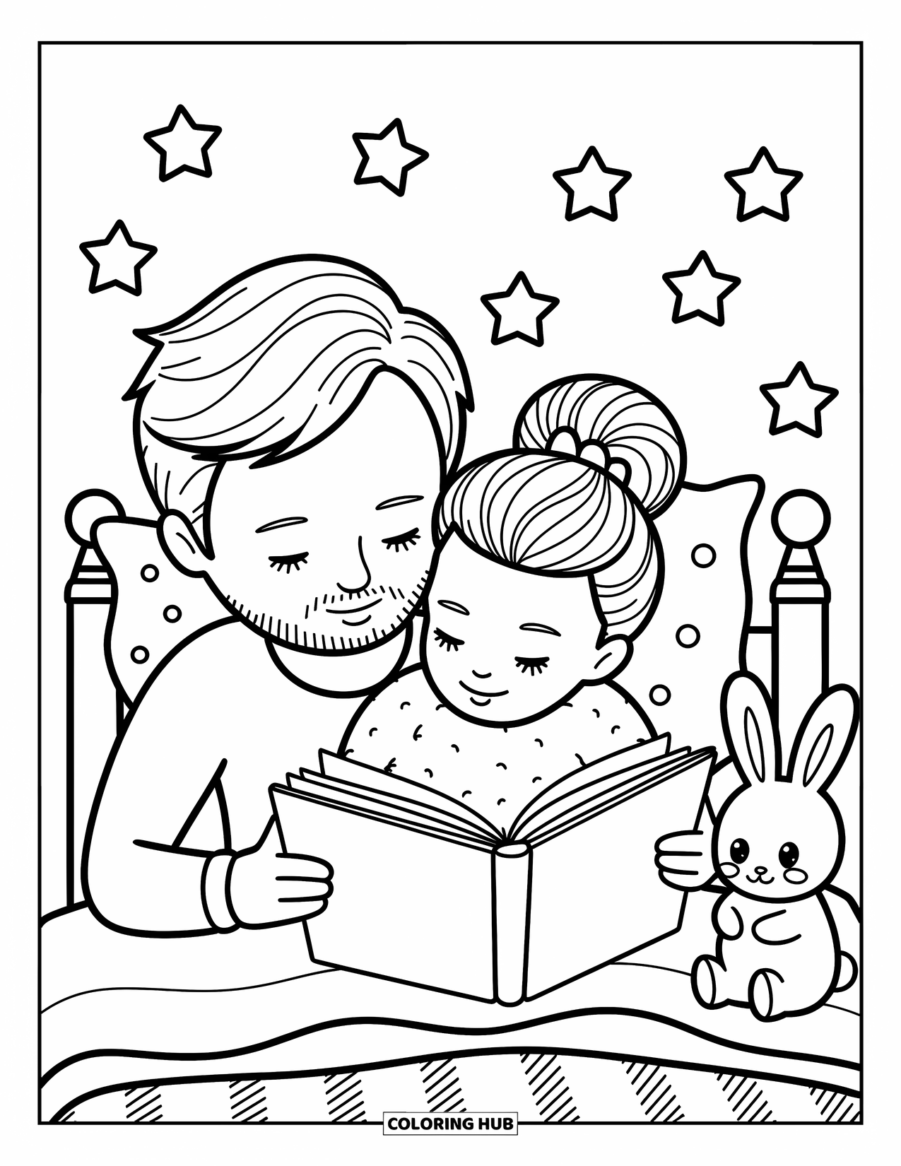 Dad Coloring Page for Adults: A dad reads bedtime stories with his daughter beside a fluffy bed