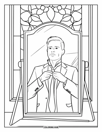 Tegning af far til voksne: En far binder sit slips foran et spejl indrammet af farvet glas med blomstermønstre