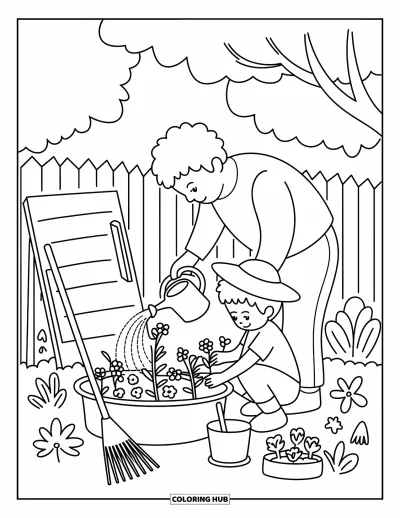 Tegning af far til voksne: En far vander blomster mens hans søn hjælper med de små planter