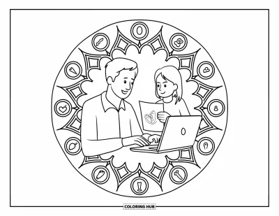 Tegning af far til voksne: En far arbejder på sin bærbare computer mens hans datter stolt viser ham sin tegning