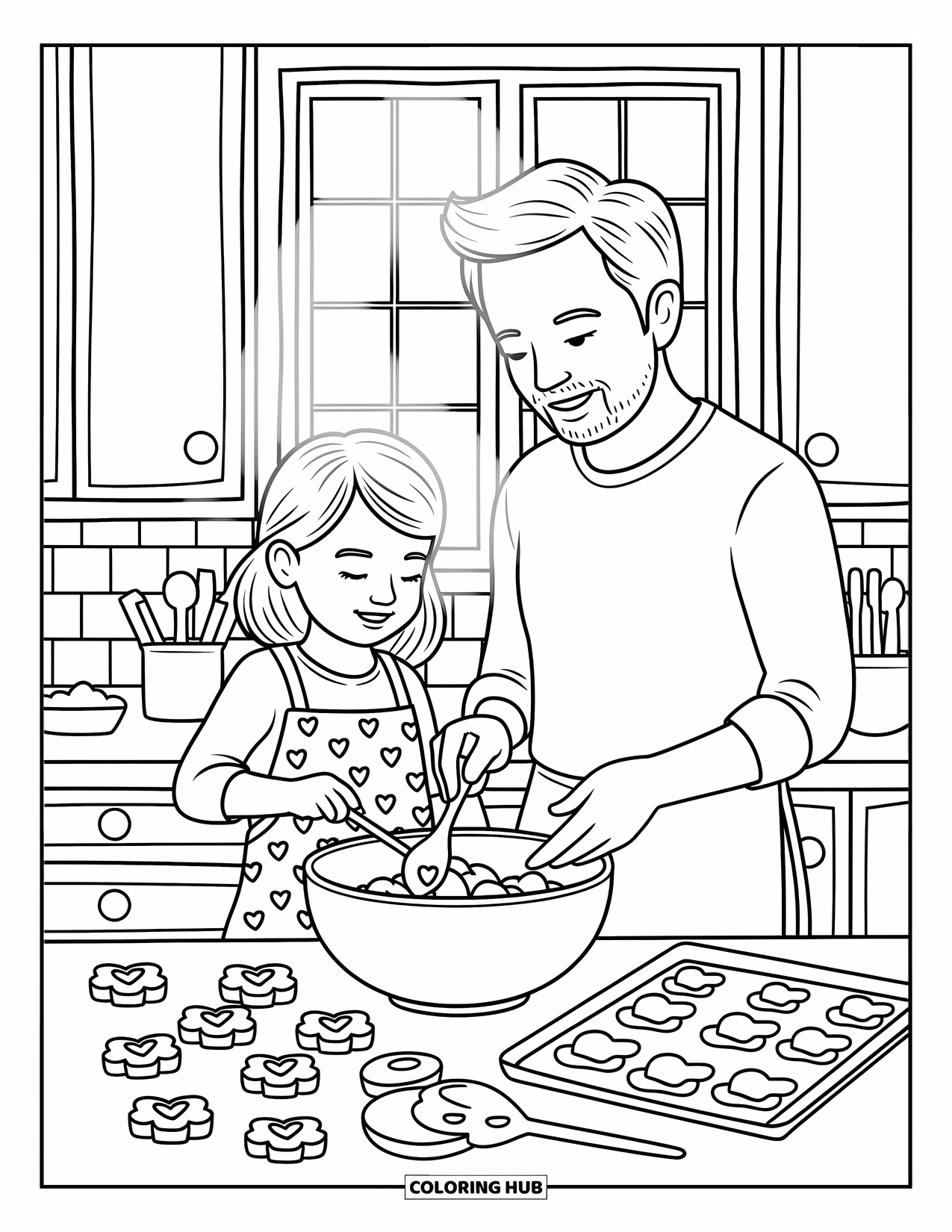 Dad Coloring Page for Adults: A father and daughter mix cookie dough with joy and laughter