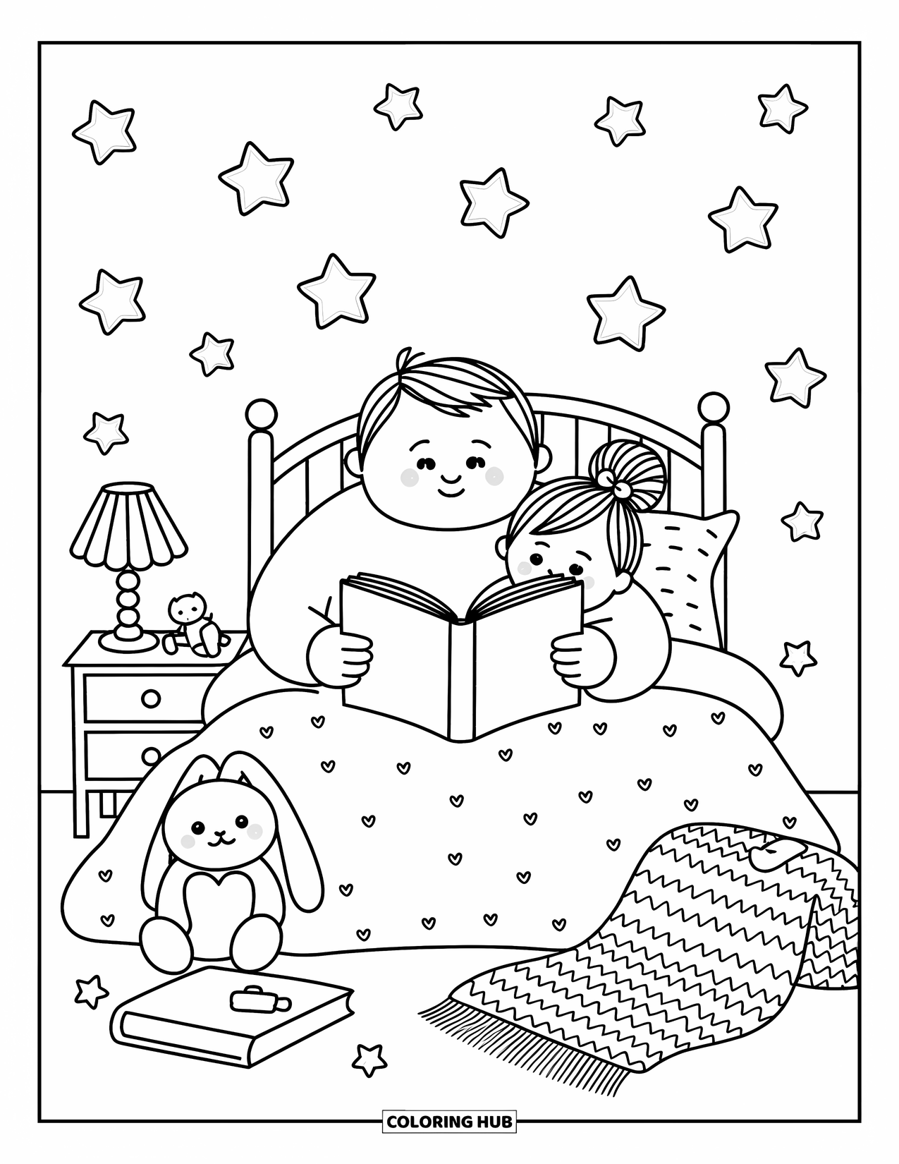 Dad Coloring Page for Adults: A father and daughter read a story together under soft glowing stars