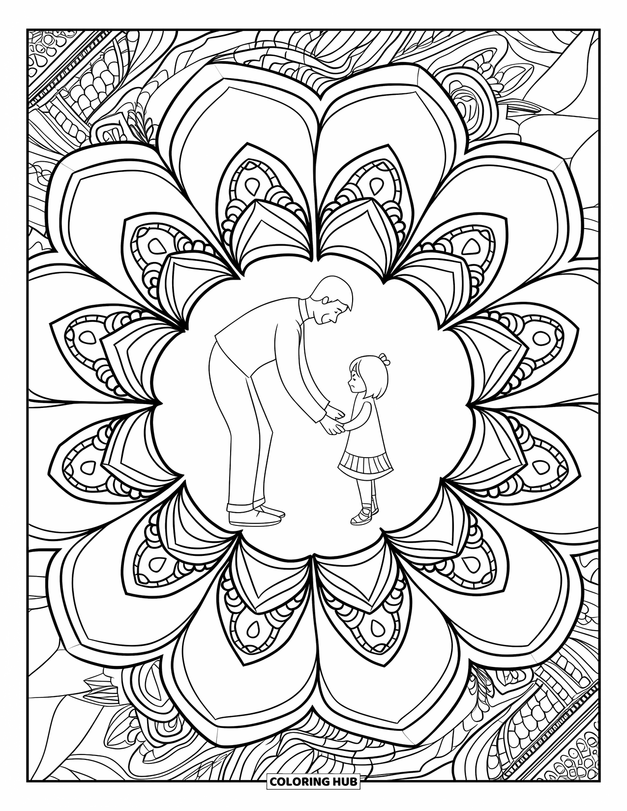 Dad Coloring Page for Adults: A father guides his daughter's first steps inside a heart-shaped mandala