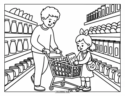Tegning af far til voksne: En far hjælper sin datter med at vælge varer i en lys, glad butik
