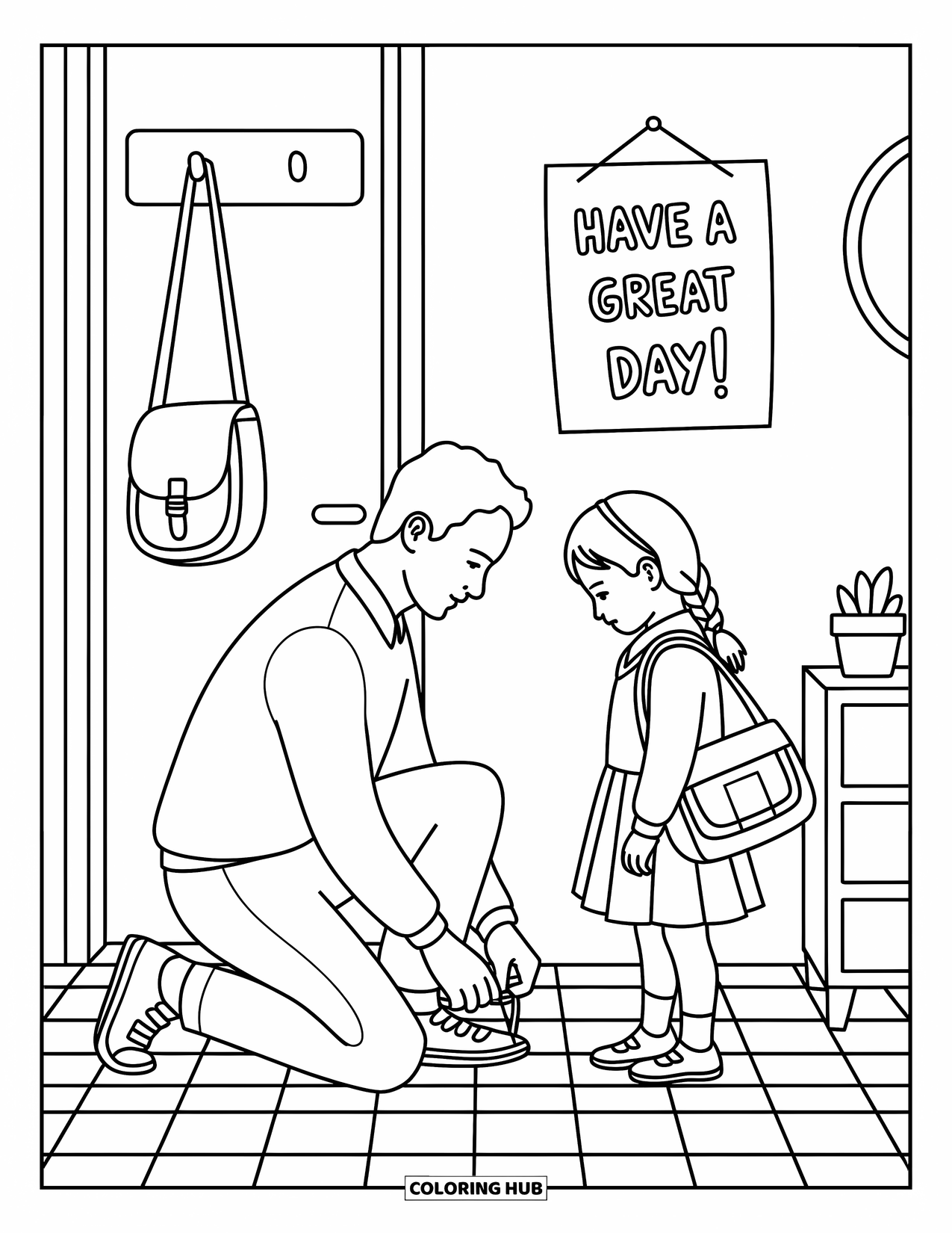 Dad Coloring Page for Adults: A father ties his daughterís shoes before school in their cozy entryway