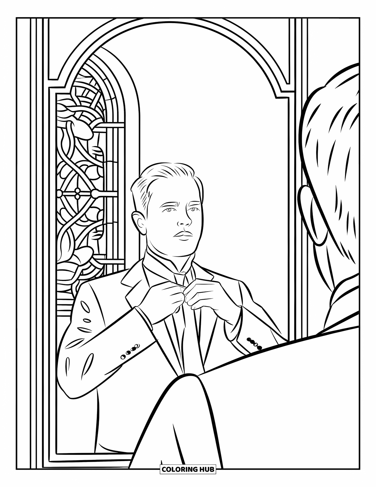 Dad Coloring Page for Adults: A father ties his tie reflected in a mirror framed with stained glass