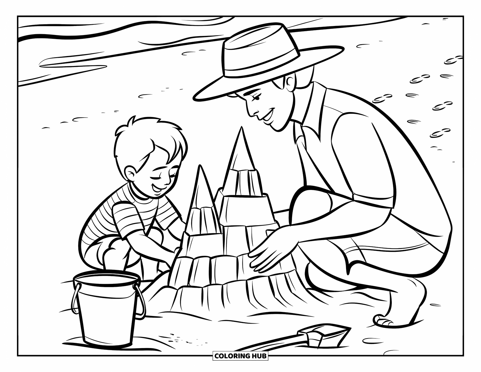 Dad Coloring Page for Kids: A dad and boy create a sandcastle with towers near the shore