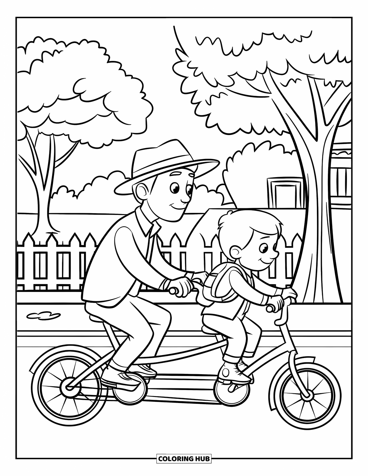Dad Coloring Page for Kids: A dad and boy ride a tandem bike surrounded by trees and fields