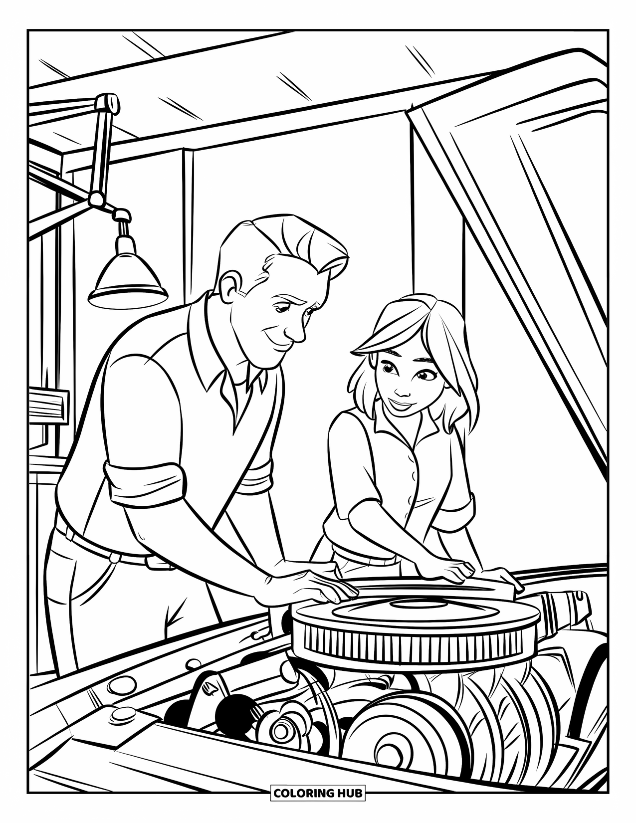 Dad Coloring Page for Kids: A dad and daughter work on a car engine together in the garage